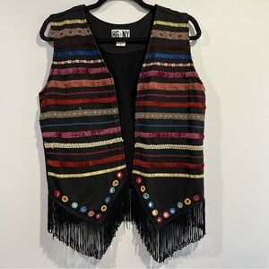 Vintage boho HY NY fringe vest mirrors striped women’s medium